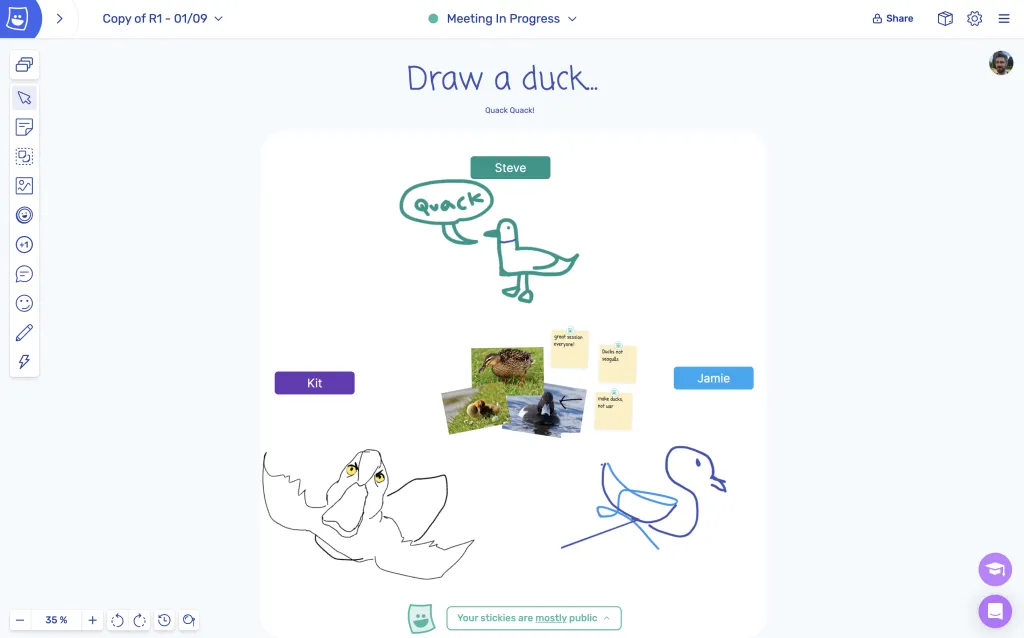 A screenshot of a check-out acitivty in Spreo called "Draw a Duck" where participants compete to sketch the best duck.