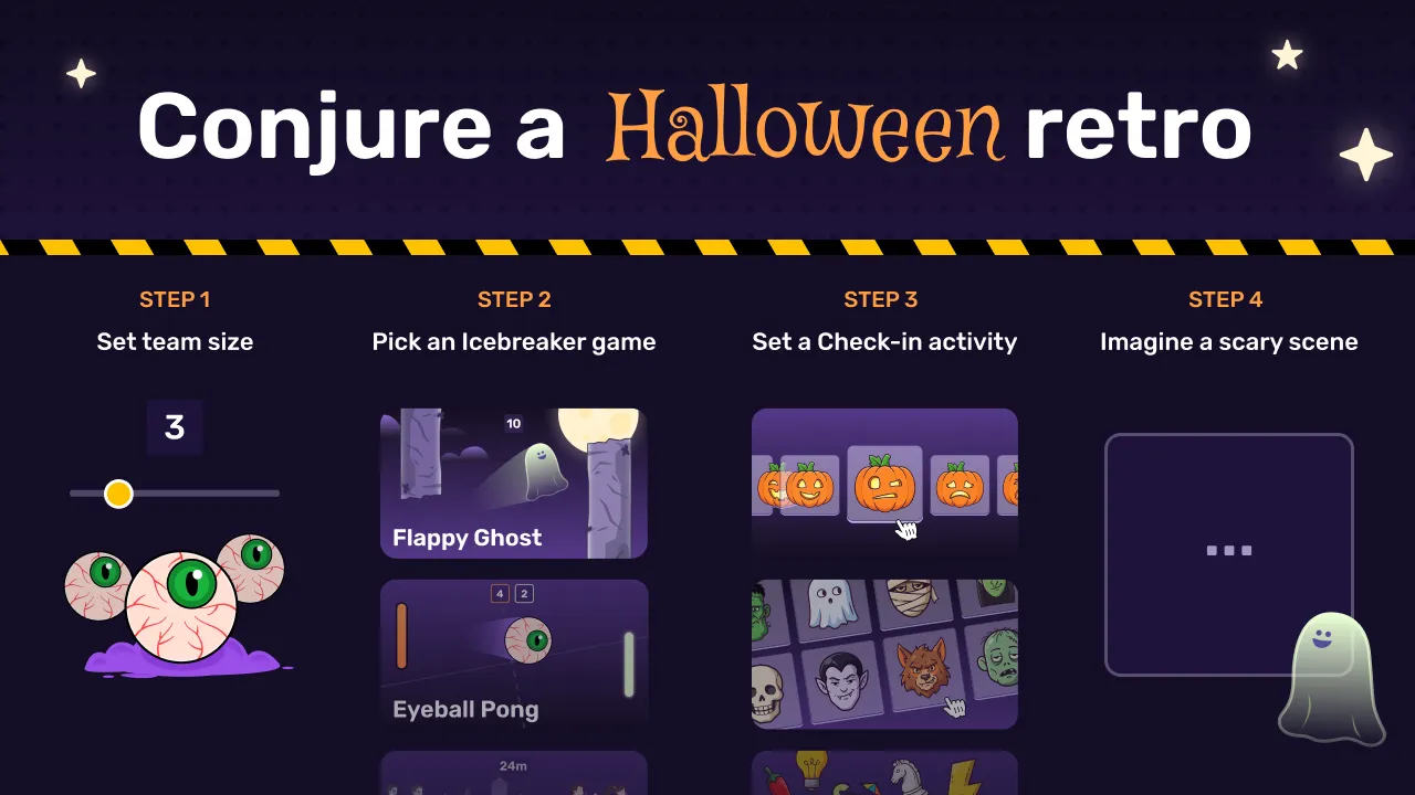 Open the Halloween retro generator. Its four steps: set your team size, pick an icebreaker game such as Flappy Ghost or Eyeball Pong, pick a check-in activity, and imagine a scary scene