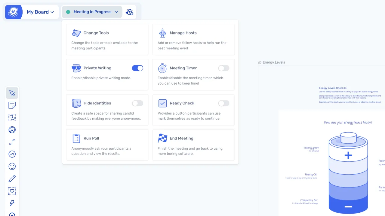 The Meeting Mode menu, with Private Writing, Meeting Timer, Hide Identities, Ready Check and Run Poll