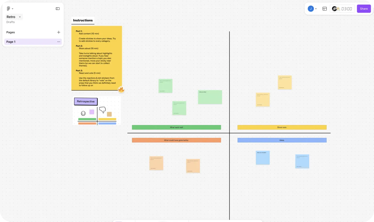 A retrospective board in FigJam, with instructions, a timer and four columns of sticky notes