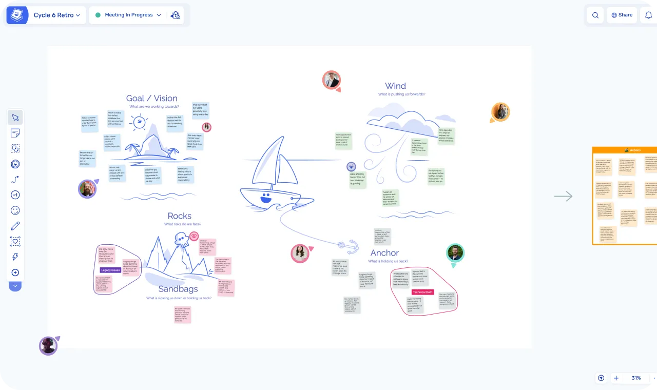 A sailboat retrospective in Spreo, with the team's notes grouped and an Actions frame to the side