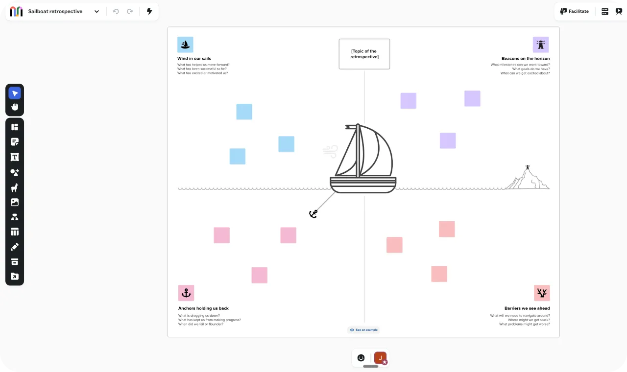 A sailboat retrospective template in Mural