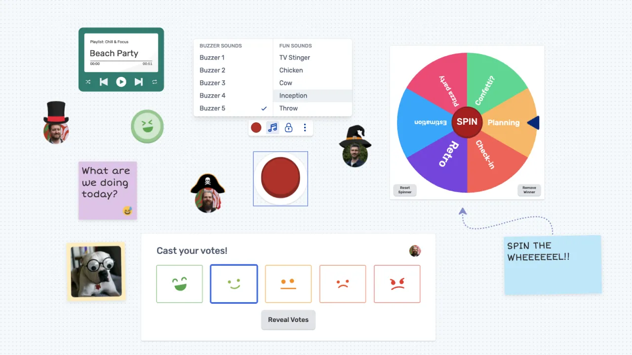 Hats, a jukebox, a buzzer, a spinner and a voting gadget on a Spreo board